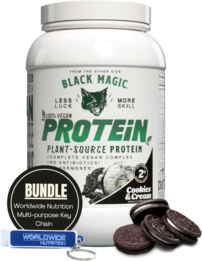 Worldwide Nutrition Bundle Kompatibel mit Black Magic Multi Source Protein Powder - Vegan Cookies and Cream | High Protein Powder, Low Carb, Low Sugar | Whey, Egg & Casein Blend - 2 LB mit Keychain