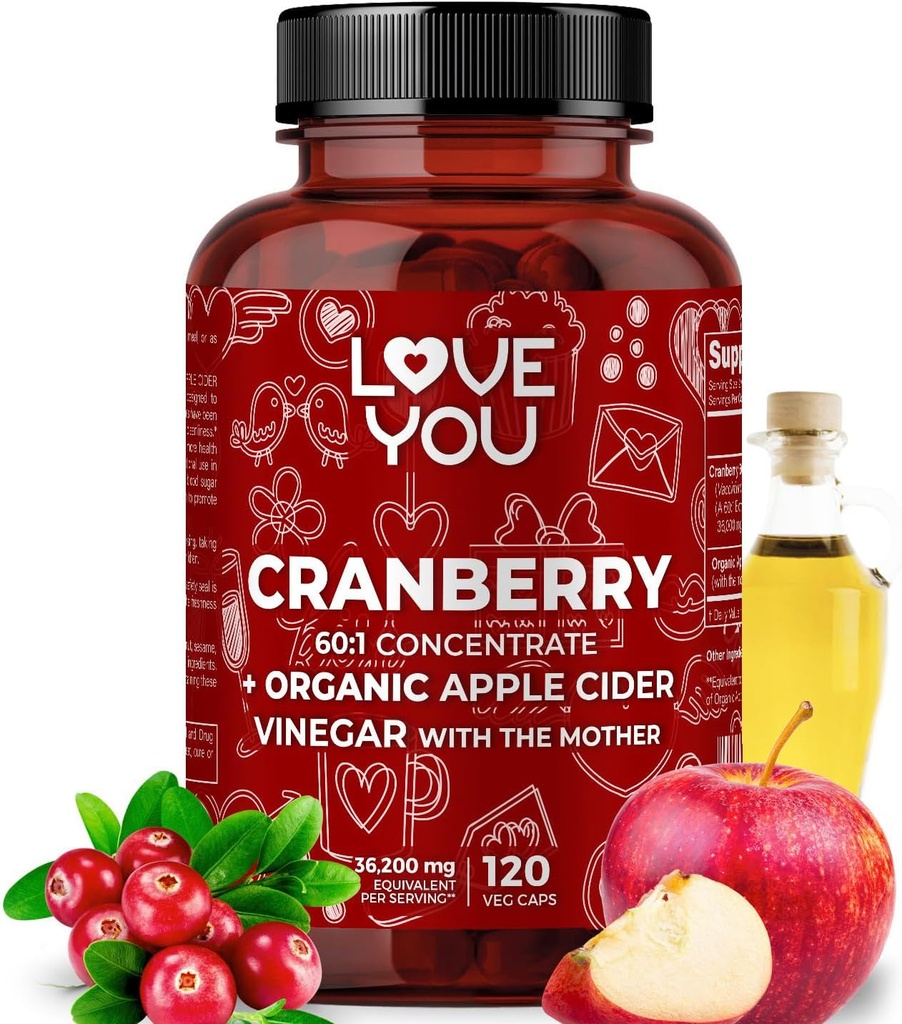 Liebe Sie Cranberry 60:1 Extrakt + Bio Apfel Apfel Apfelessig – Max Stärke 36,200 mg Äquivalent – 120 Vegan Kapseln – Urinary Tract & Digestive Unterstützung