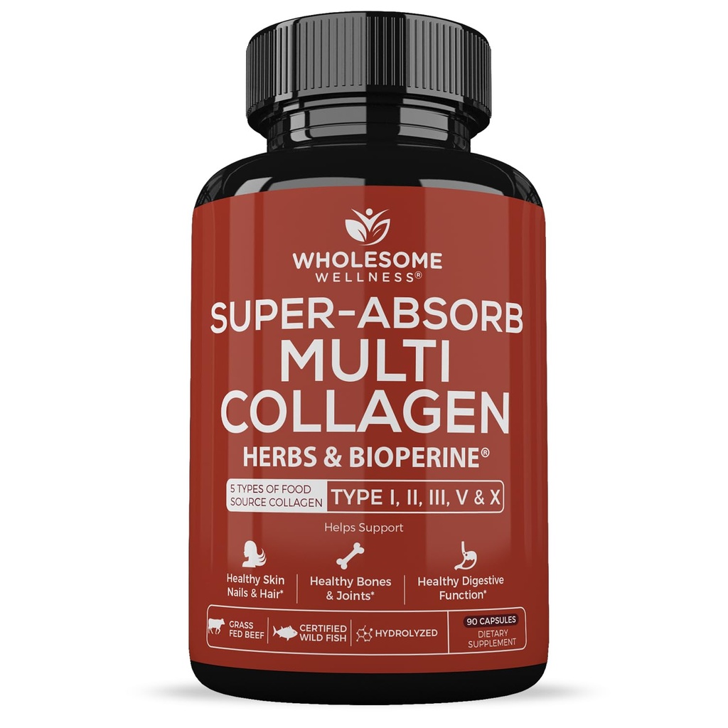 Vollständige Wellness Super-Absorb Multi Collagen Pillen (Typ I II III V X) Bio Kräuter & Bioperine - Haar, Haut, Nägel - hydrolysierte Peptide Proteinergänzung für Frauen & Männer (90 Kapseln)
