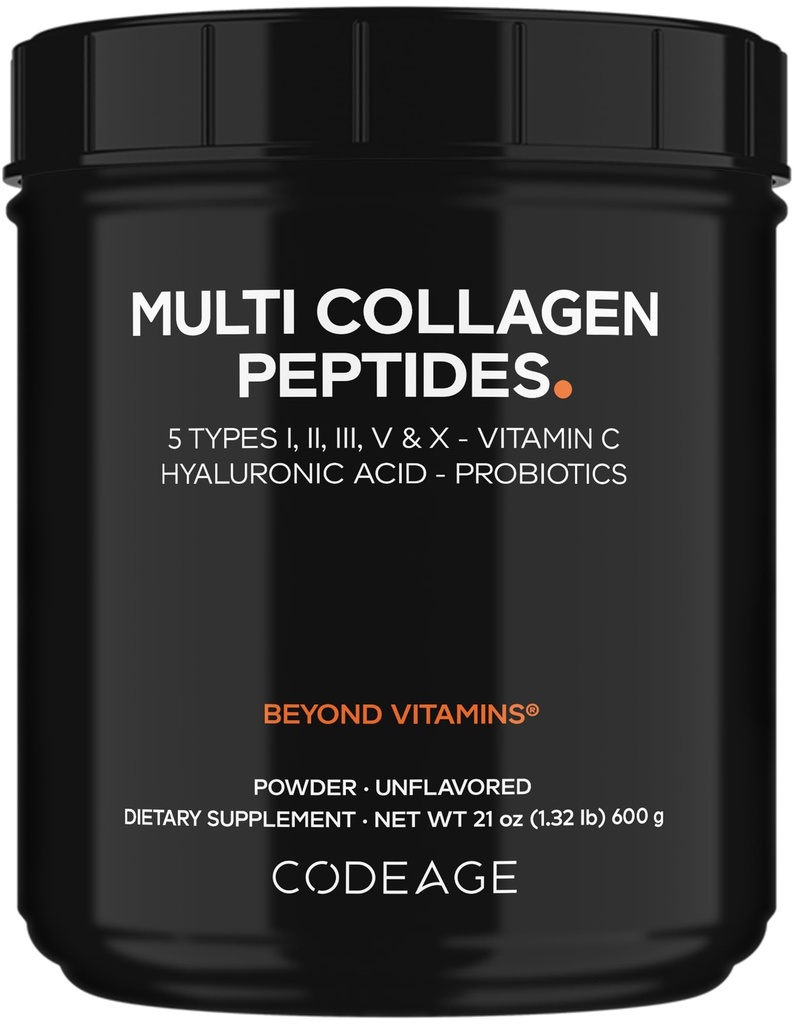Codeage Multi Collagen Peptide + Probiotika Black Edition, Vitamin C, Hyaluronsäure Pulver Supplement, Grass-Fed, Weide-Raised, Hydrolyzed, Zero Carbs, Typ I, II, III, V & X, Unflavored, 21oz