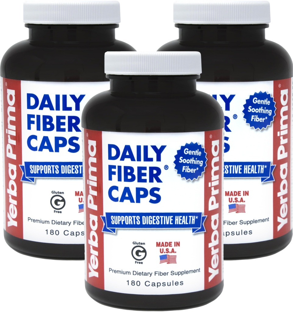 Yerba Prima Daily Fiber Capsules, 180 Caps (Pack von 3) - Soluble Dietary Fiber Supplement - Colon Cleanse - Gut Health - Constipation Relief, Vegan, Non-GMO, Gluten-Free