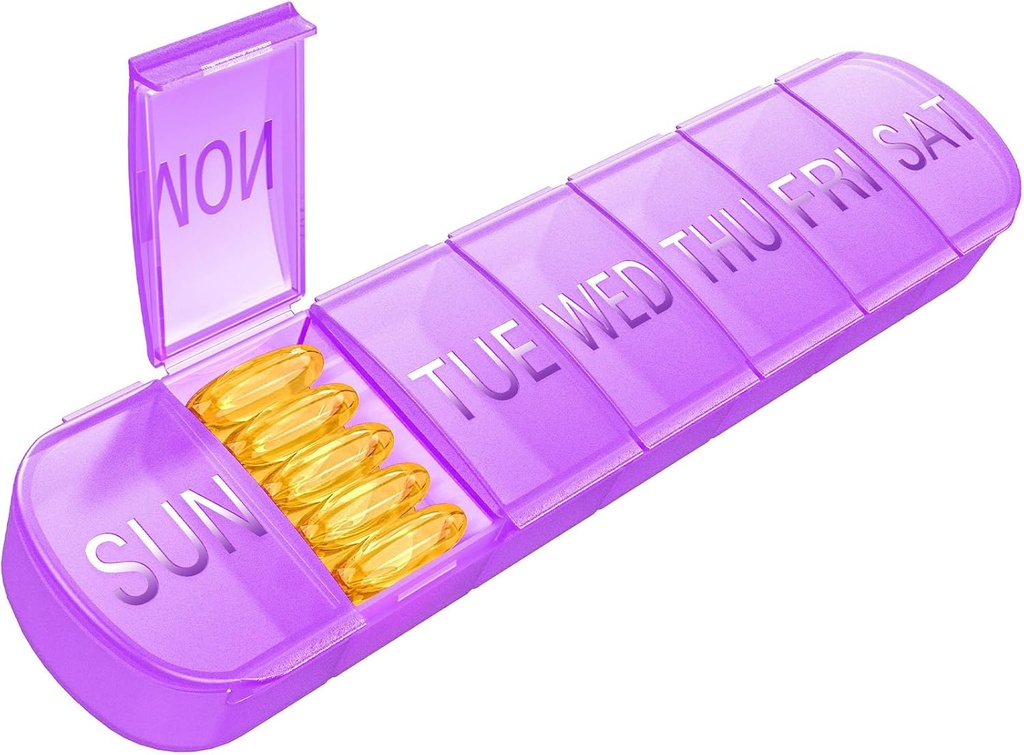 Wöchentliche Pille Organizer 1 Mal am Tag, Reise Pille Box 7 Tage Extra große Komponenten Vitamin Halter, Tägliche Pille Container 7day XL Medizinspender für Fischöl Fall (Purple)