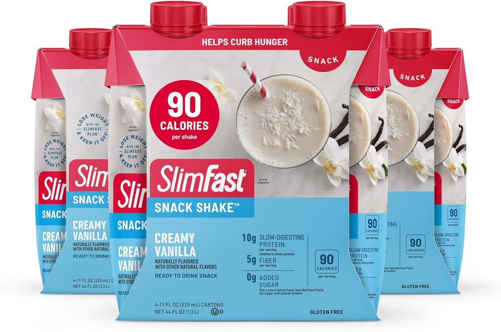 SlimFast Snack Shake, 90 Calorie Fiber Shake, bereit zu trinken, Protein Drink, Creamy Vanilla, 12 Count