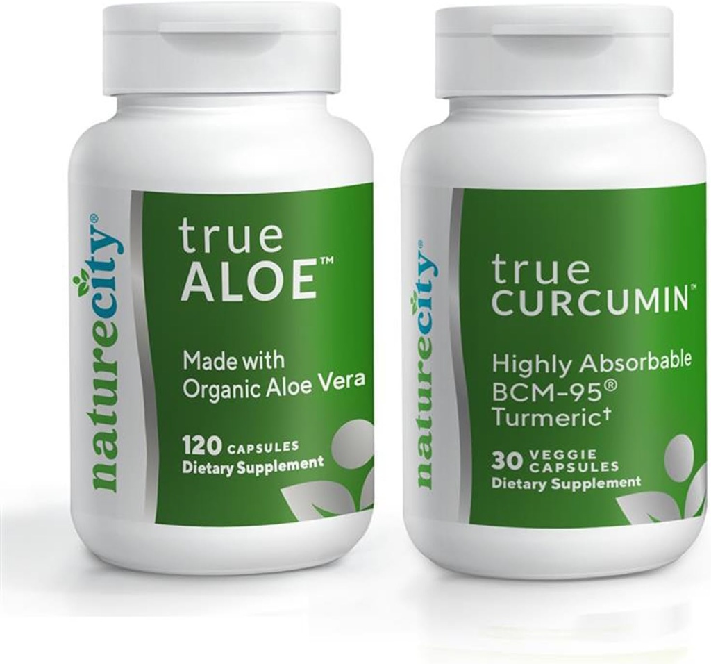 NatureCity Joint Support Bundle| True-Aloe Made with Organic AloeVera, 120 Kapseln + True-Curcumin mit 500mg hochabsorbierbarem BCM-95 Curcumin + Turmeric Essential Oil, 30 Kapseln