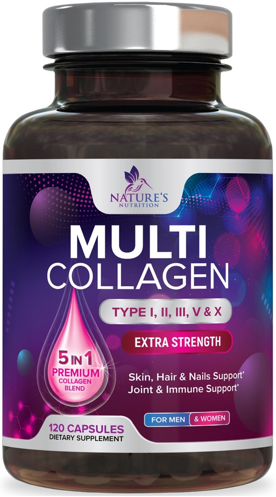 Multi Collagen Supplement 2400 mg - Typen I, II, III, V & X Multi Collagen Peptide Pillen für Frauen und Männer, hydrolysierte Collagen Supplements, Haar, Haut, Nagel, & Joint Support Supplement - 120 Kapseln