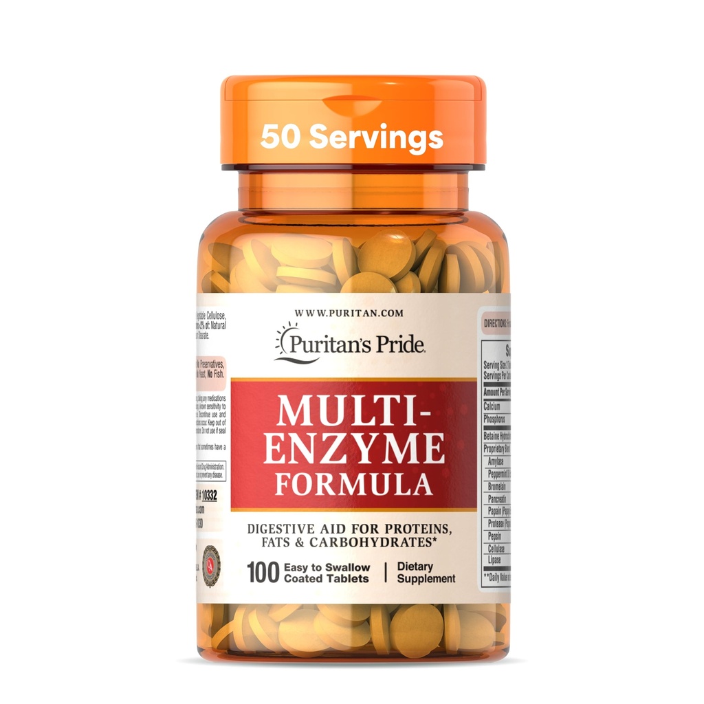 Puritan's Pride Multi-Enzyme-Formel, Verdauungshilfe für Proteine, Fette und Kohlenhydrate, Nahrungsergänzungsmittel für Verdauung und gesunden Gut-Unterstützung, 50-Tage-Versorgung, 100 einfach zu schlucken beschichtete Tabletten