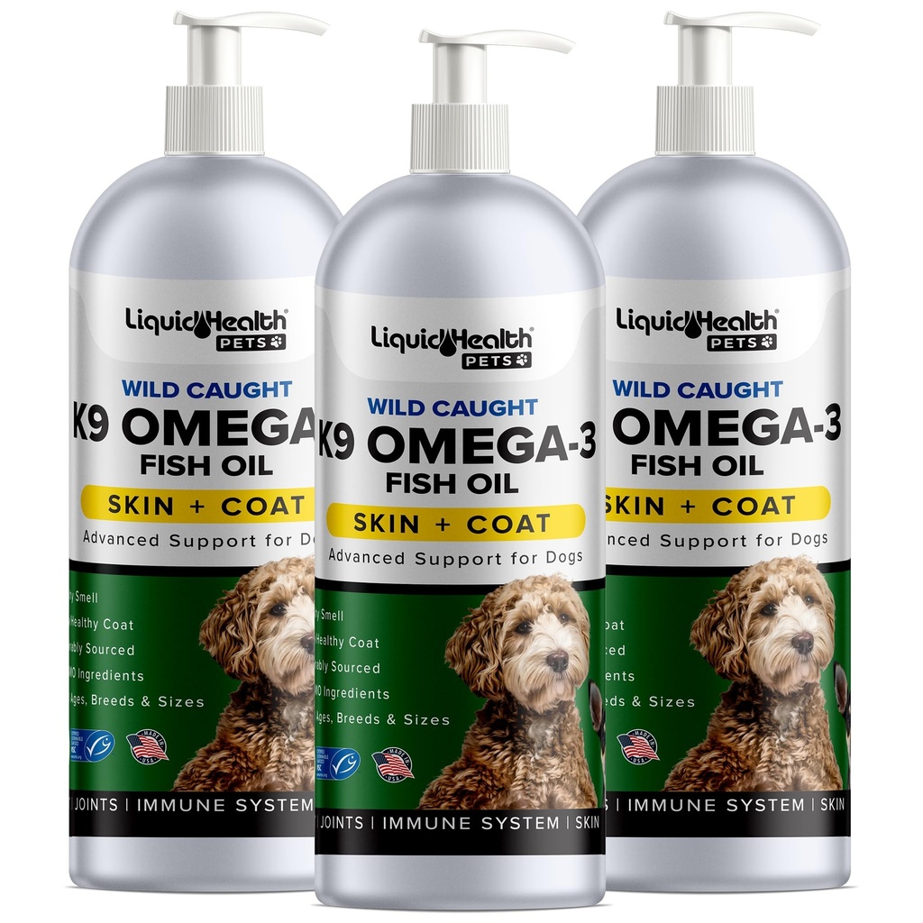Flüssige Gesundheit Haustiere K9 Omega 3 Fischöl für Hunde - Liquid Omega 3 Ergänzung für Haustiere mit EPA + DPA + DHA - Reduzieren Sie Juckreiz & Shedding, Unterstützung Gelenke, Immunität, Gehirn, Herzgesundheit - USA Made (3 Pack)