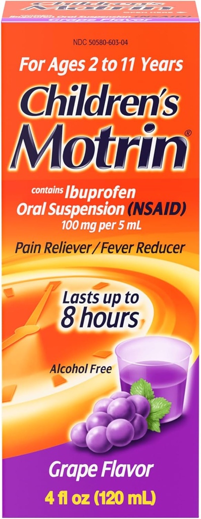 Kinder Motrin Oral Suspension, Schmerzlinderung, Ibuprofen, Grape Flavored, 4 Oz