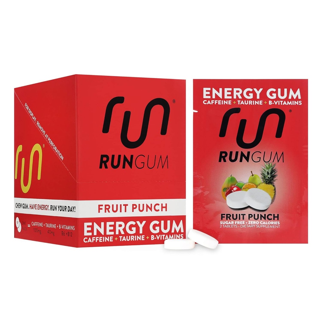 RUN GUM Fruit Punch Energy Chewing Gum 50mg Koffein Taurine & B-Vitamine Per Piece, 24 Stück (Pack mit 12) Zucker Free, Zero Calorie, No Aspartame und Gluten Free, 1 ea