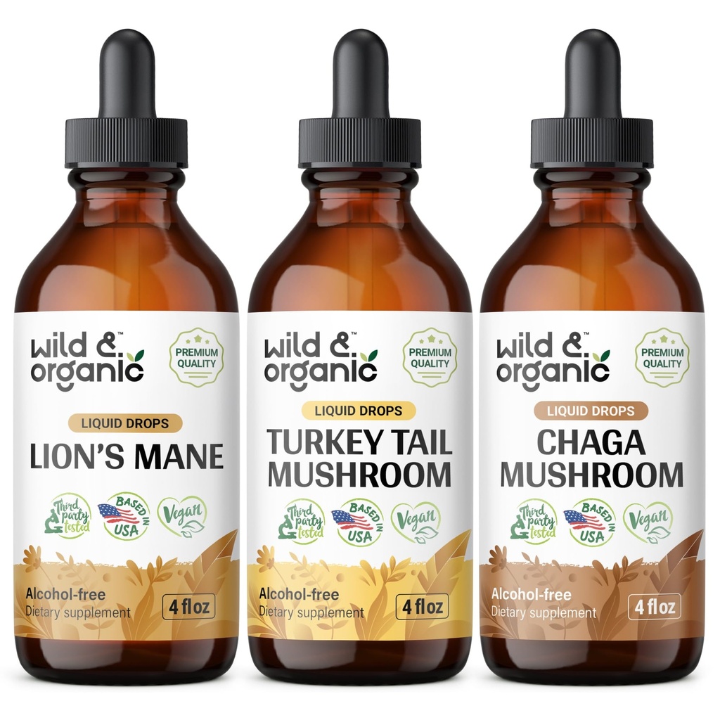 Wild & Organic Lion's Mane, Türkei Tail & Chaga Mushroom Tinkturen