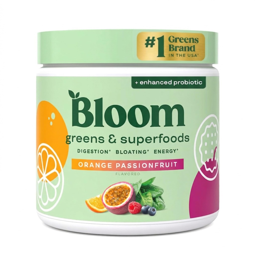Bloom Nutrition Superfood Greens Powder, Verdauungsenzyme mit Probiotika und Präbiotika, Gut Health, Bloating Relief für Frauen, Chlorella, Juice Mix w/Beet Root Powder, 30 SVG, Orange Passionfruit