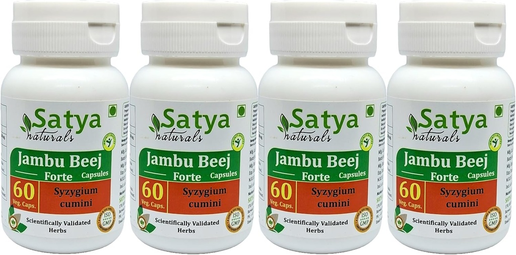 Jambu Beej Forte Kapseln 500 mg. 60 Veg. Kapsel | Jamun beej (Syzygium Cumini) Extrakt Kapseln für Männer und Frauen | Ayurvedische Kräuterergänzung/Remedies | 10:1 Forte (4 Flaschen von 60 Kapseln)