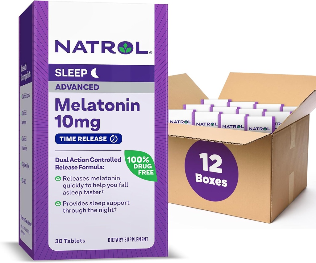 Natrol Advanced Sleep Melatonin 10mg, Nahrungsergänzung für restful Sleep, Time Release Melatonin Tabletten, 30 Time-Release Tabletten, 30 Tage Versorgung (Pack von 12)