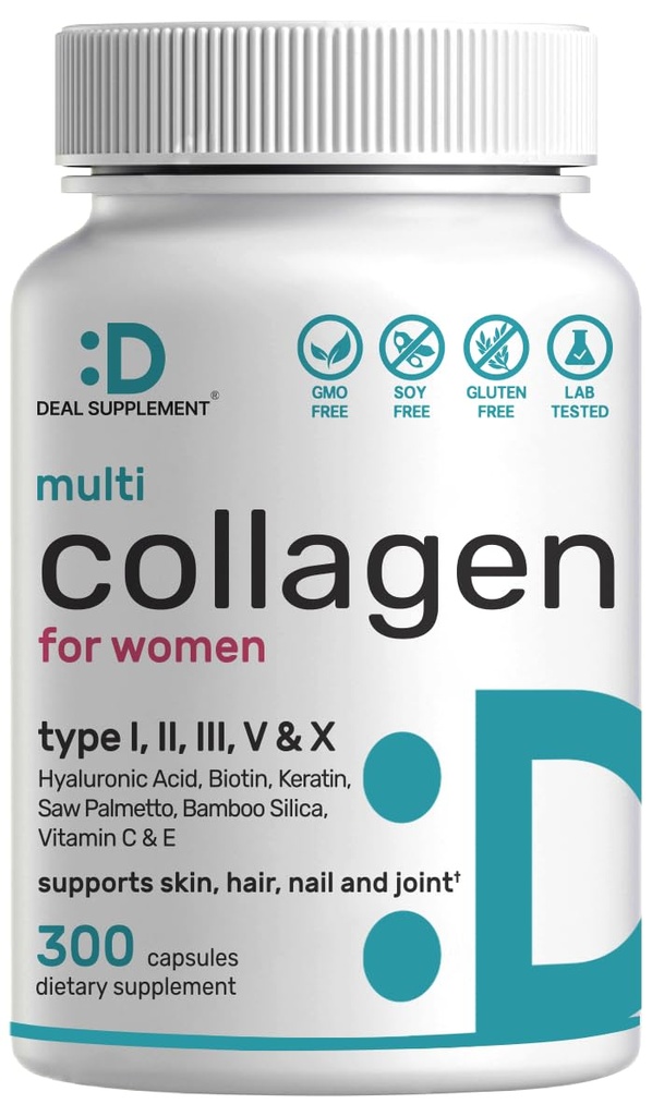 Multi Collagen Pillen mit Vitamin C, E & Biotin, 300 Kapseln – Hydrolysierte Collagen Peptide – 11 in 1 Formel mit Saw Palmetto, Bamboo Silica, & Hyaluronsäure – Haar, Haut, Nagel, & Gemeinsame Gesundheit