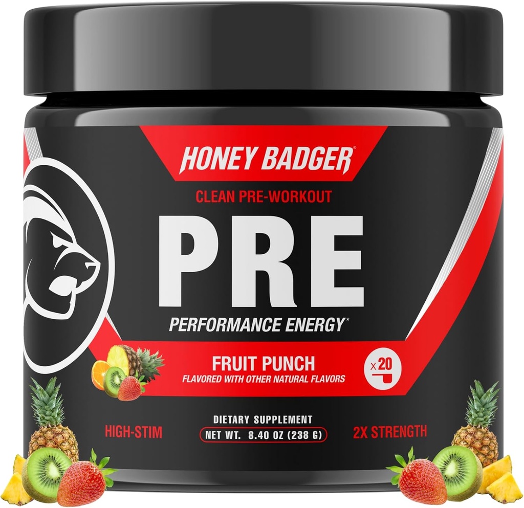 Honey Badger Pre Workout Powder, Keto Vegan Preworkout für Männer & Frauen, Beta Alanine & Koffein, Zucker kostenlose natürliche Energie Supplement, Obst-Punch (High-Stim)