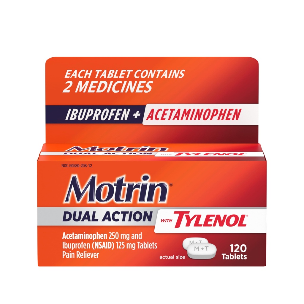 Motrin Dual Action mit Tylenol, Ibuprofen & Acetaminophen Fast-Acting Dual Action Pain Reliever for Minor Aches & Pains, Ibuprofen (NSAID) 125 mg & Acetaminophen 250 mg, 120 ct