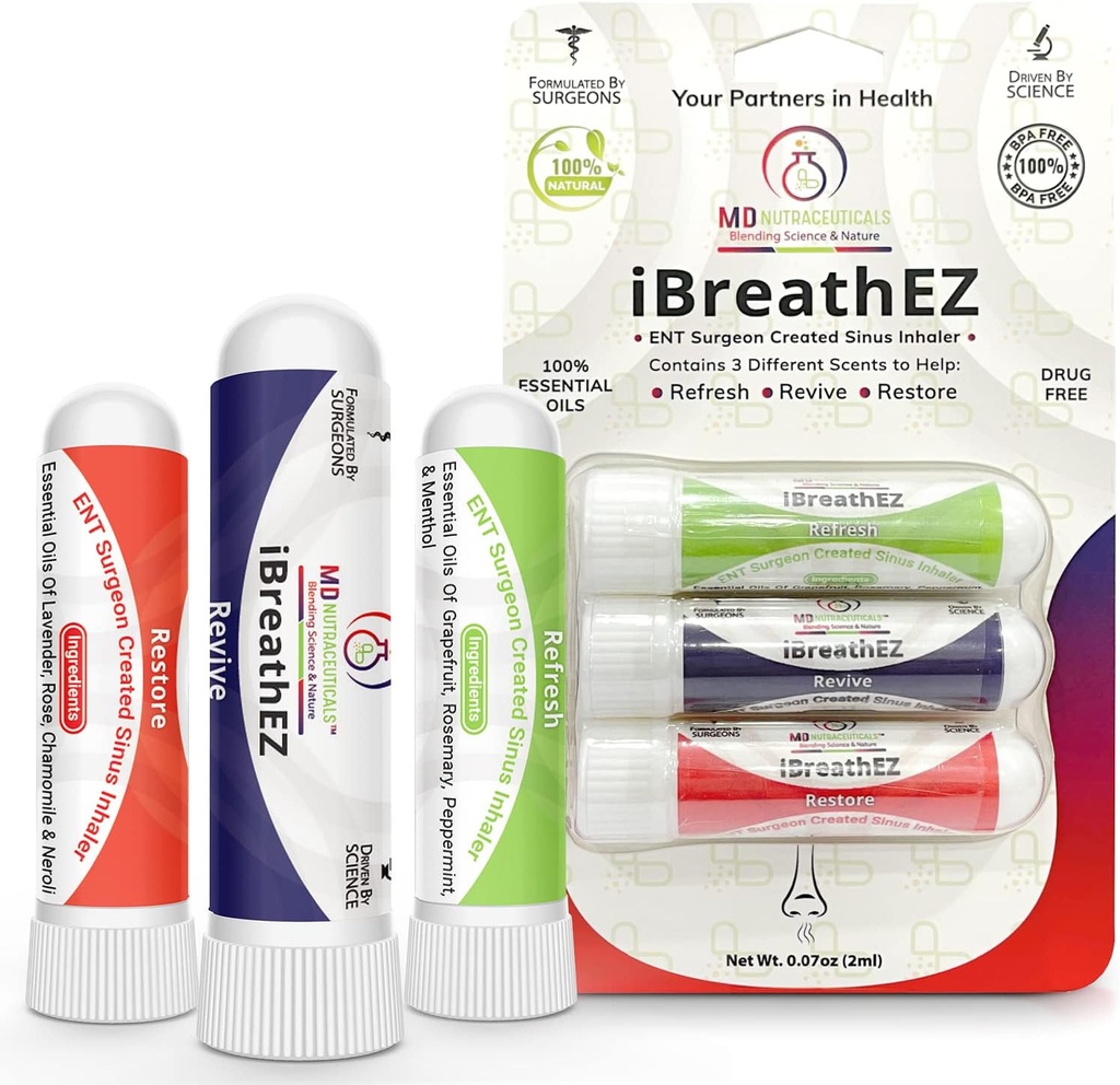 iBreathEZ Nasal Sinus Inhalator Kit von ENT Surgeons mit ätherischen Ölen für Energie, Stress, Entlastung & Kälte oder Allergie Relief (3 Pack)