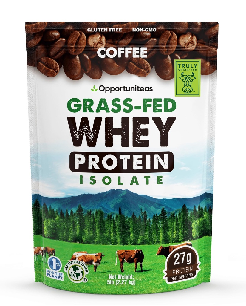 Opportuniteas Grass Fed Coffee Whey Protein Isolate Powder - 27g Protein ohne künstliche Süßungsmittel, 60mg Koffein, Hormonfreie Kühe - 5lb
