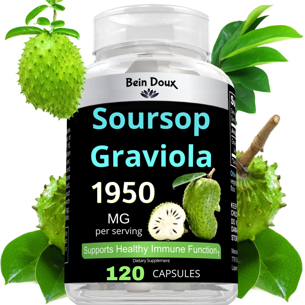 1950mg Soursop Graviola Kapseln (Guanábana) Bio Blätter Pulver reich an potenten Anti-Oxidants - 120 Kapseln 40 Servierungen