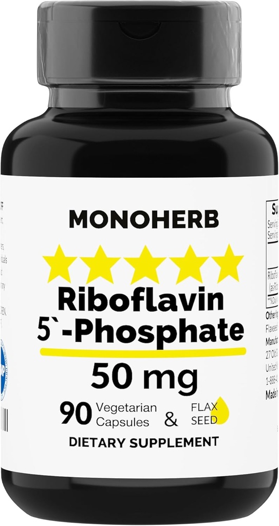 MONOHERB Riboflavin 5'-Phosphate 50 mg - 90 Vegetarische Kapseln - Bioaktives Vitamin B2 - Made in USA