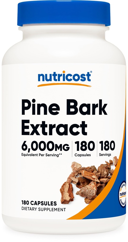 Nutricost Pine Bark Extract 6000mg Äquivalent (aus 300mg 20:1 Extrakt), 180 Kapseln, Standardisiert, um 95% Proanthocyanidine - Vegetarisch, Non-GMO und Glutenfrei