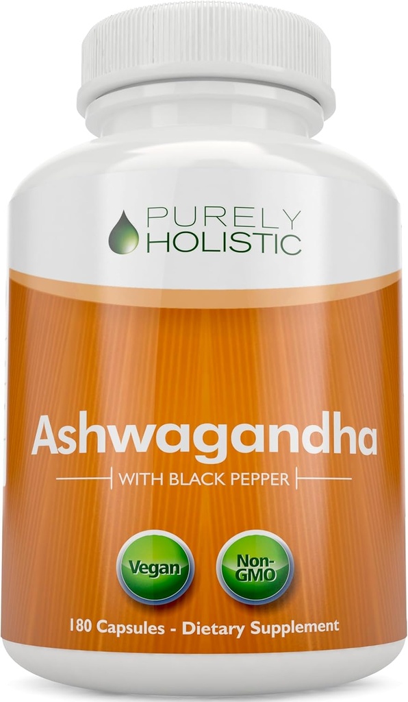 Purely Holistic Organic Ashwagandha 1300mg - 180 Vegan Kapseln - 650mg von Ashwaganda per Capsule - 3 Monate Versorgung - High Strength Ashwaganda Root Extract mit schwarzem Pfeffer