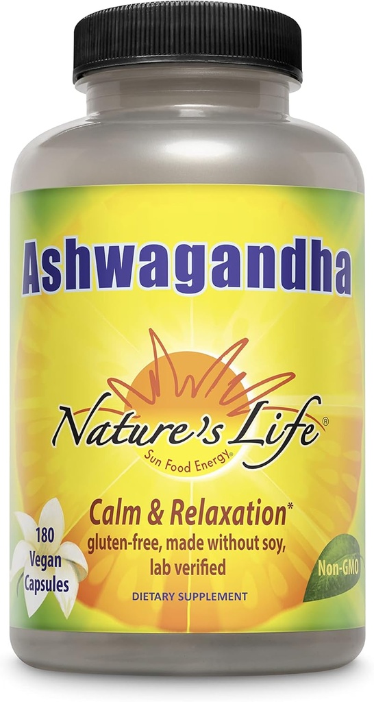 Nature's Life Ashwagandha Capsules 2,100 mg, Pure Ashwagandha Root Extract for Relaxation, Occasional Stress Relief und Schlafunterstützung, Vegan Ashwagandha Ergänzungen, 45 Servietten, 180 Kapseln