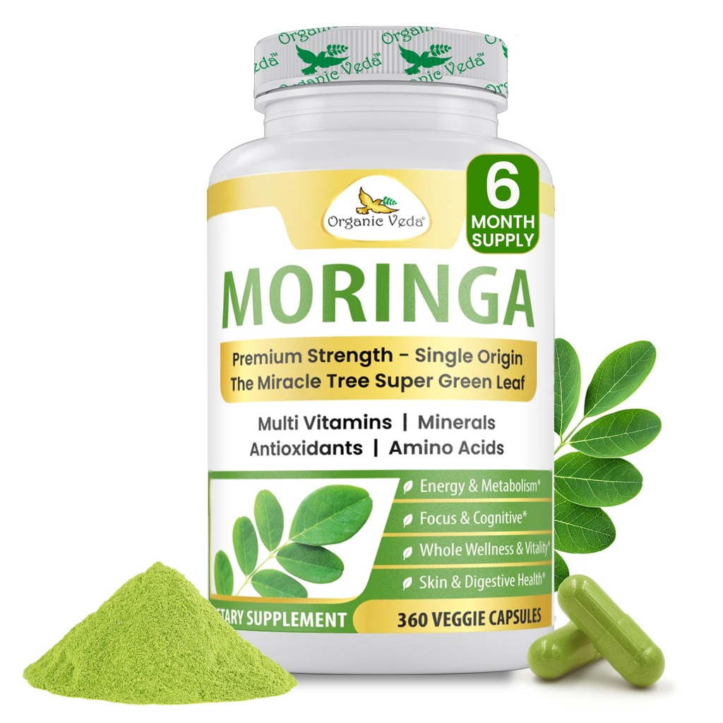 Bio Veda Moringa Blatt Pulver Kapseln, 1000mg, 360 Count - True Green Native Organic Moringa Oleifera, Premium Kraft Nährstoff dicht 100% reine Blätter - Energie, Schlaf &amp; Immunität Unterstützung - Vegan