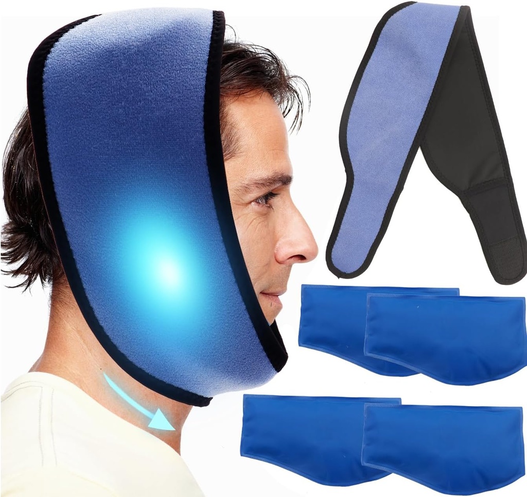 Generisches Gesichtseispaket für Jaw, Toothache Ice Pack Kalte Kompresse für Kopf- und Kinn, Wiederverwendbare Heiß- oder Kaltgelpackungen Schmerzlinderung für TMJ, Mund- und Gesichtschirurgie, Zahnimplantate (1 Wrap+4 Ice Pack)