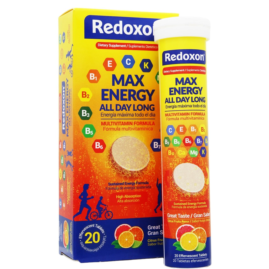 Redoxon Max Energy, unterstützt Inmunsystem, Citrus Flavor, 20 Effervescent Tablets, 2.82 Oz, Box