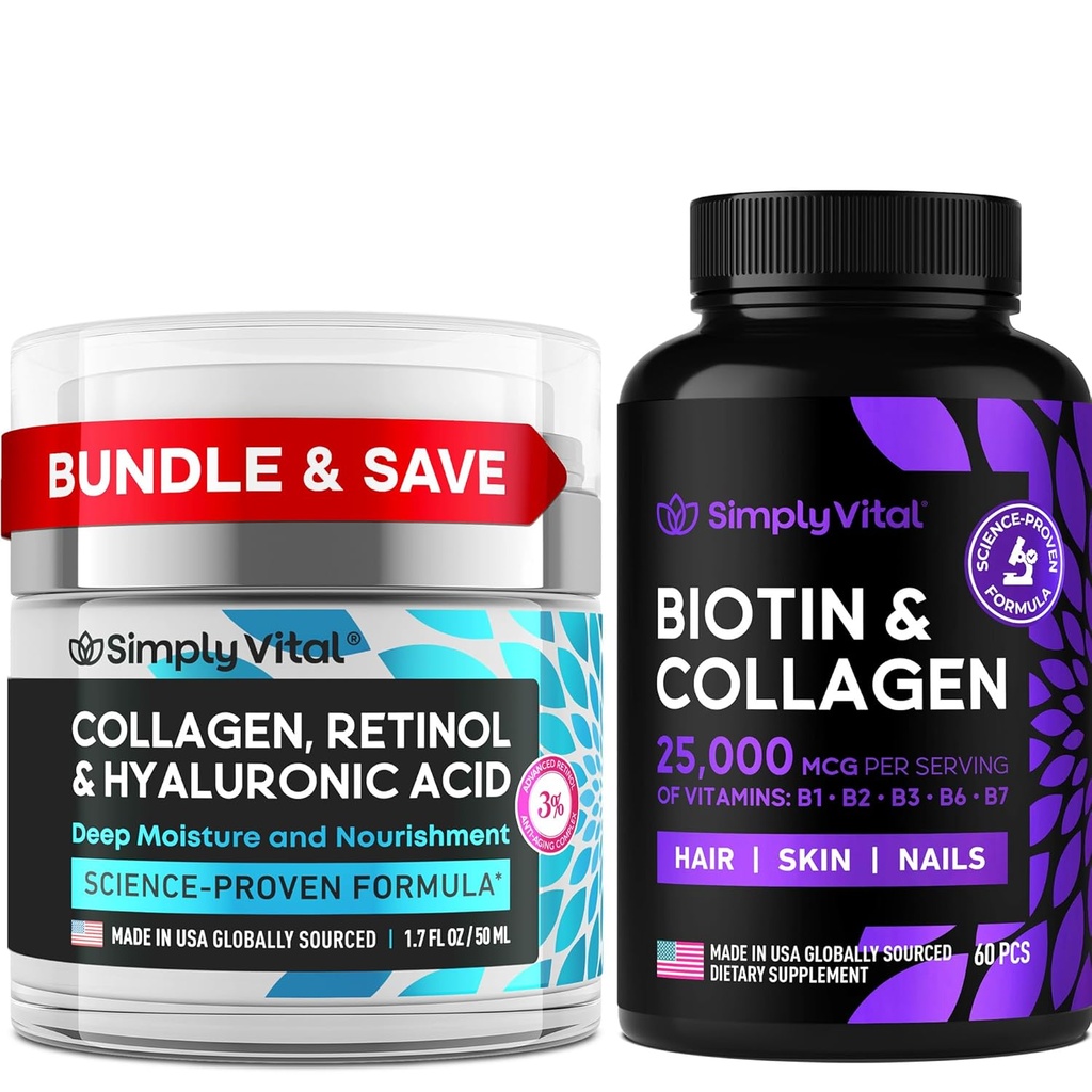 SimplyVital Biotin, Collagen & Retinol Bundle – 5000mcg Biotin für Haar, Haut und Nägel + Anti-Aging Retinol & Hyaluronsäurecreme für Gesicht, Neck & Décolleté – Made in USA