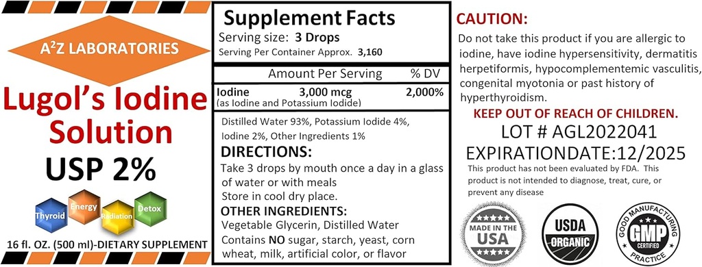 A2Z Organic Lugol's Iodine und Kalium Iodide 2% Lösung 3000 mcg - Flüssige Ergänzung Tropfen für Schilddrüsenunterstützung für Frauen & Männer, Stoffwechsel Gesundheit, Detox Boost -16 Fl Oz/USA/Ships Heute! (1)