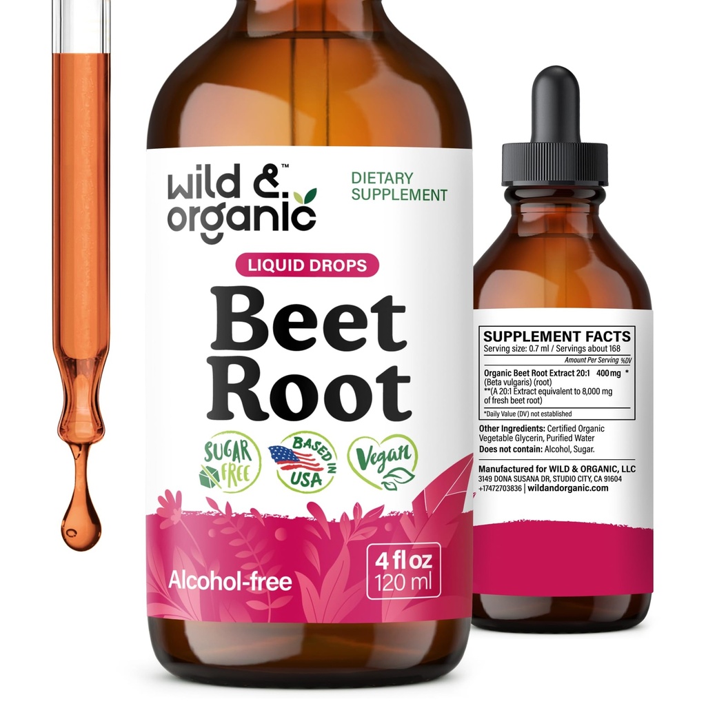 Wild & Organic Beet Root Extract Drops - 8000 mg Fresh Beetroot Extract Equivalent - Extrakt 20:1 - Liquid Red Beets Supplements - 400 mg pro Servierung - Vegan, Alkohol & Zuckerfrei - 4 fl oz