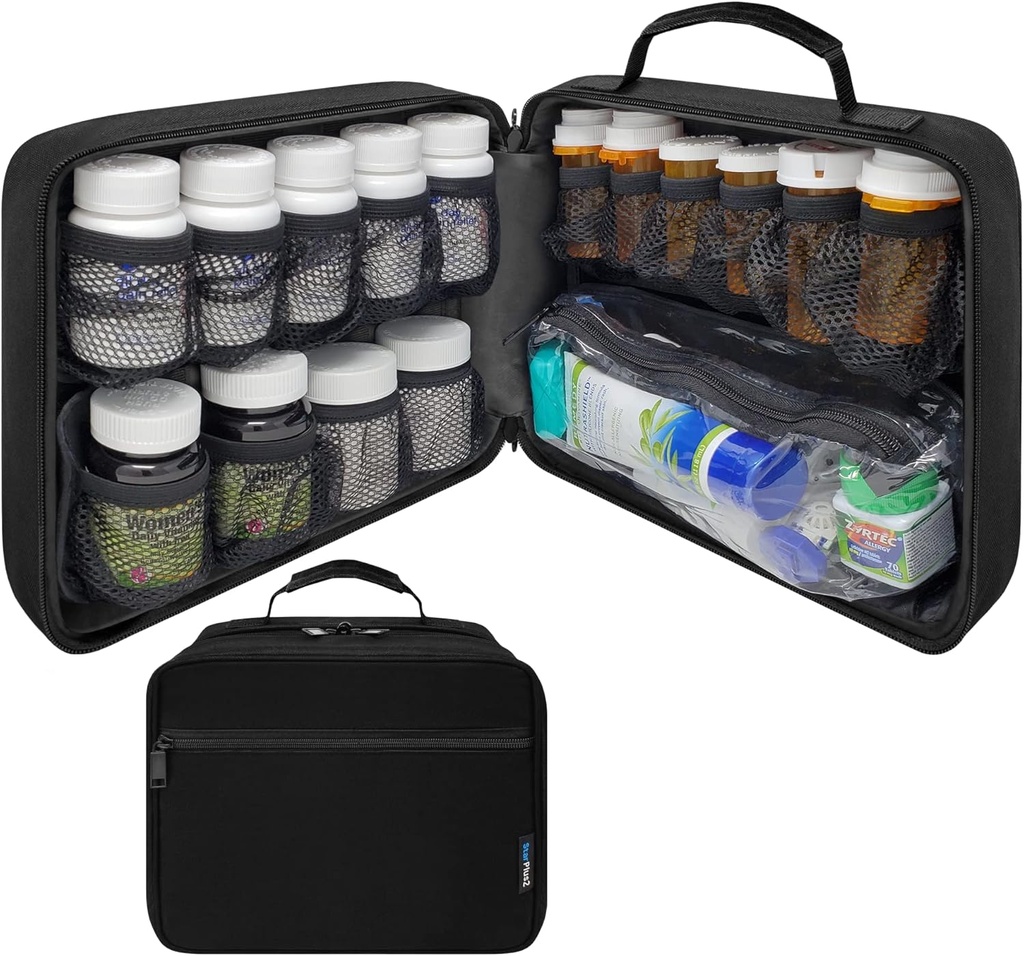 Große gepolsterte Modular Pillen Flasche Organizer, Medizintasche, Case, Träger für Medikamente, Vitamine und medizinische Versorgung - für Heimlagerung und Reisen - Schwarz (ohne Schloss)