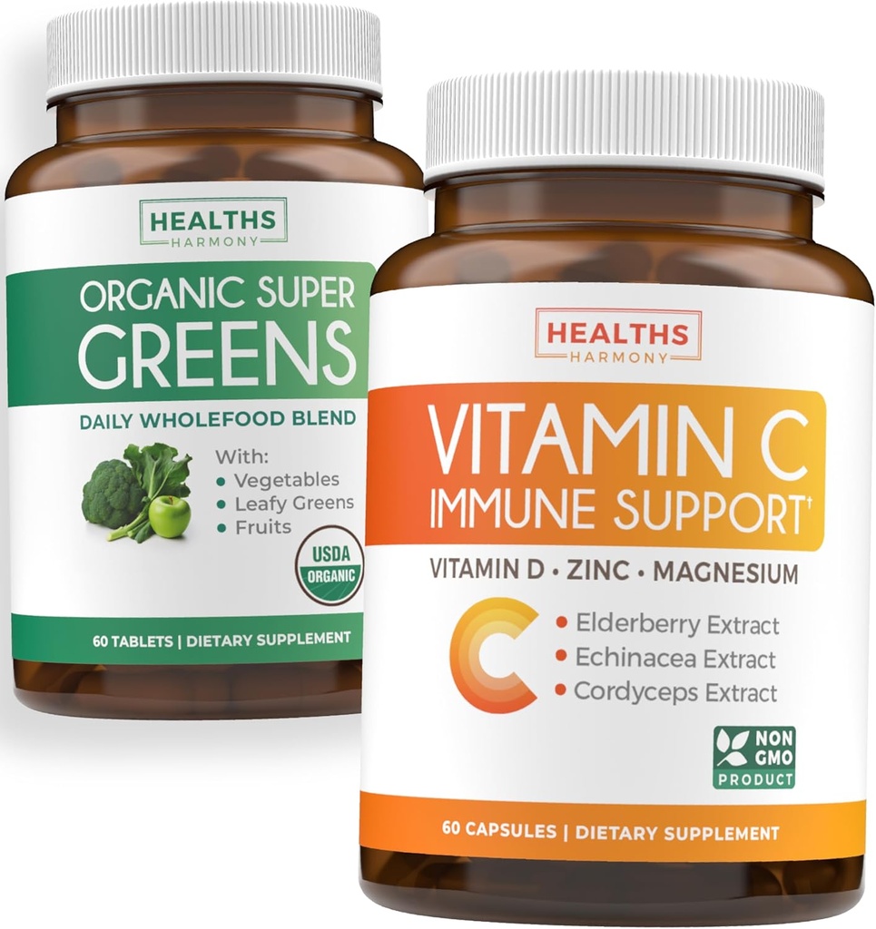 Super Greens & Vitamin C (1-Monat-Versorgung) Greens & C Synergy Bundle of Organic Super Greens Powder - Komplette Superfood (60 Kapseln) & &amp; Vitamin C Immununterstützung (60 vegetarische Kapseln)(Non-GMO)