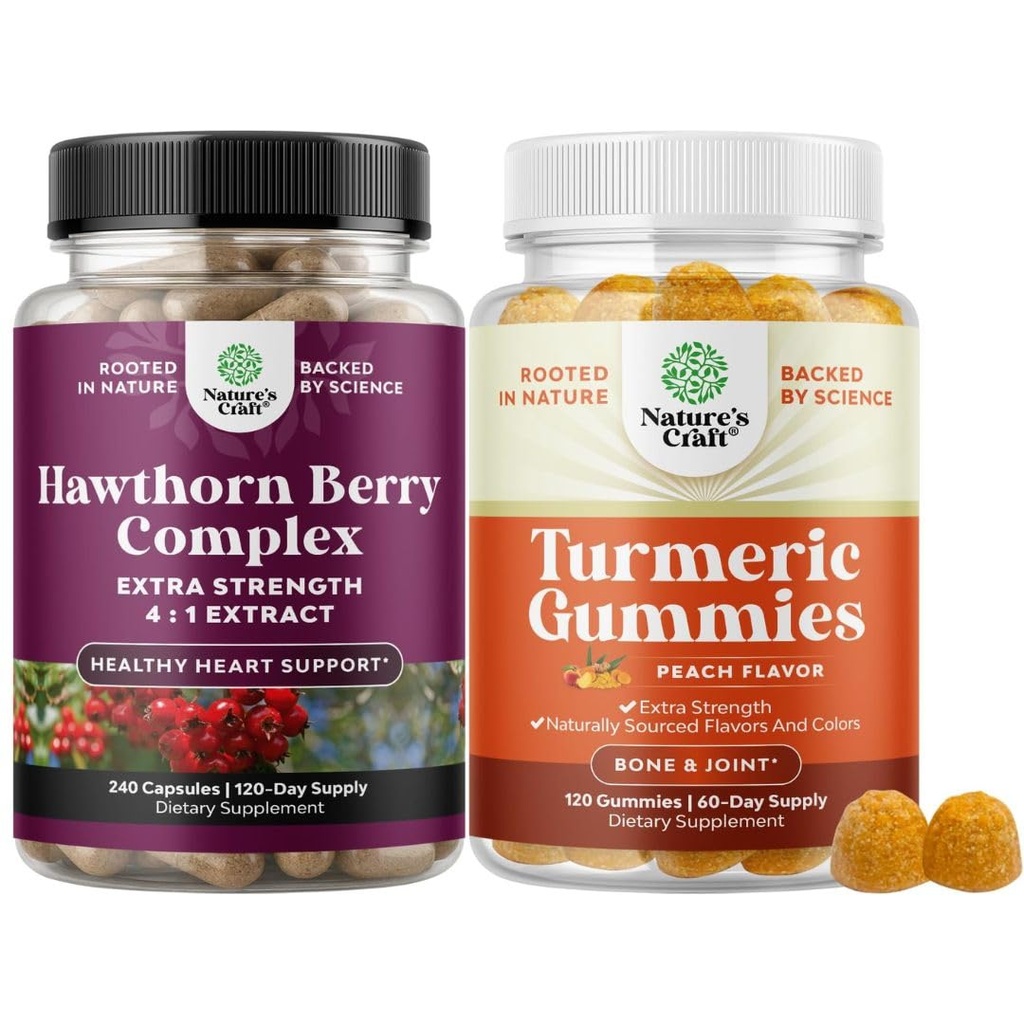 Bundle von extra Stärke Hawthorn Berry Capsules - Extrakt Verdauung und Herzgesundheitsergänzung und Turmeric Gummis für Erwachsene Peach Flavor - Extra Strength Joint Support Gummis