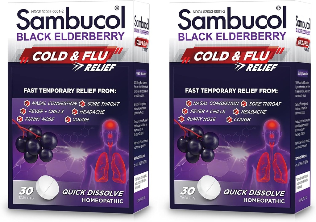 Sambucol Cold and Flu Relief Tablets - Homeopathic Cold Medicine, Nasal & Sinus Congestion Relief, Use for Runny Nose, Coughing, Cold Remedy for Adults - Black Elderberry, 30 Count, 2-Pack