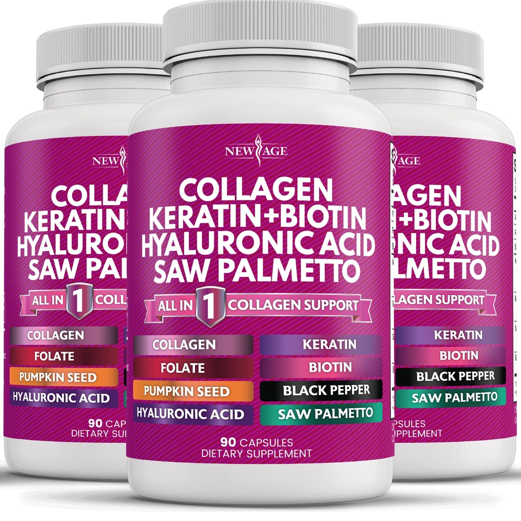 NEU AGE Collagen Pillen Biotin Keratin Saw Palmetto Hyaluronsäure- Vitamin E Folsäure Kürbis Seed MSM- 270 Count