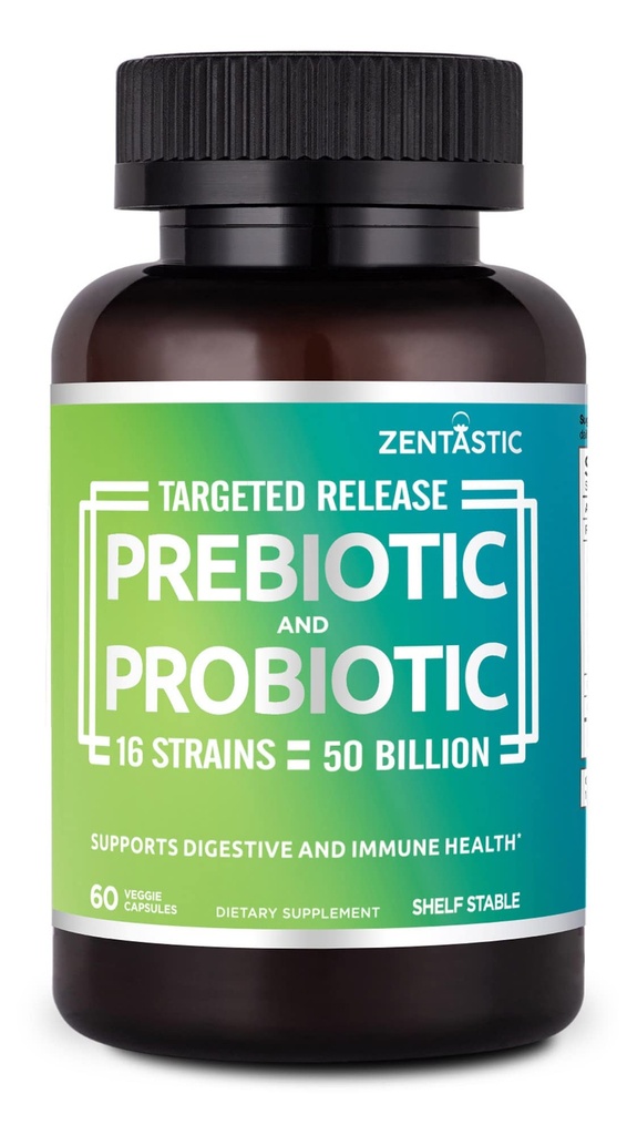 Zentastic Probiotics & Prebiotics Supplement - 50 Billion CFU - für Männer & Frauen Immun- & Verdauungs-Gesundheit - 16 Strains - Regal Stabil - 60 Delayed Release Veggie Capsules