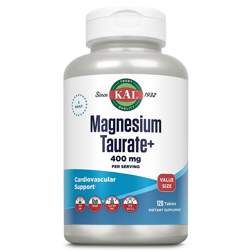 KAL Magnesium Taurate 400mg Plus Vitamin B6, Chelat Magnesium Supplement, High Absorption Magnesium Complex, Muskel- und Herzgesundheitsunterstützung, Vegan, Glutenfrei, 60-Tage Garantie, 60 Serv, 120 Tabs