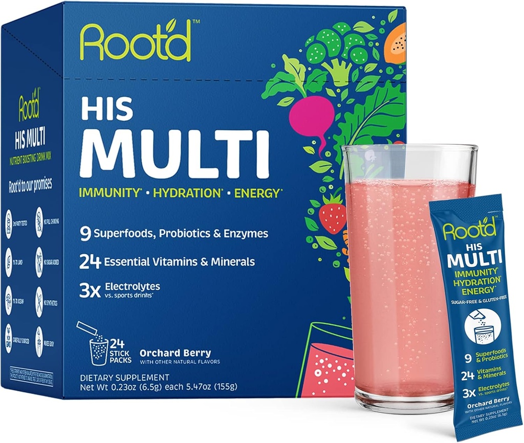 Root'd Multivitamin Pulver mit 3X Elektrolyten für Männer - 24 Vitamine & Mineralstoffe, 3X Elektrolyte, 9 Bio-Superfoods, Probiotics & Enzyme, Zuckerfreie Multivitamin & Hydration | 24 Pakete