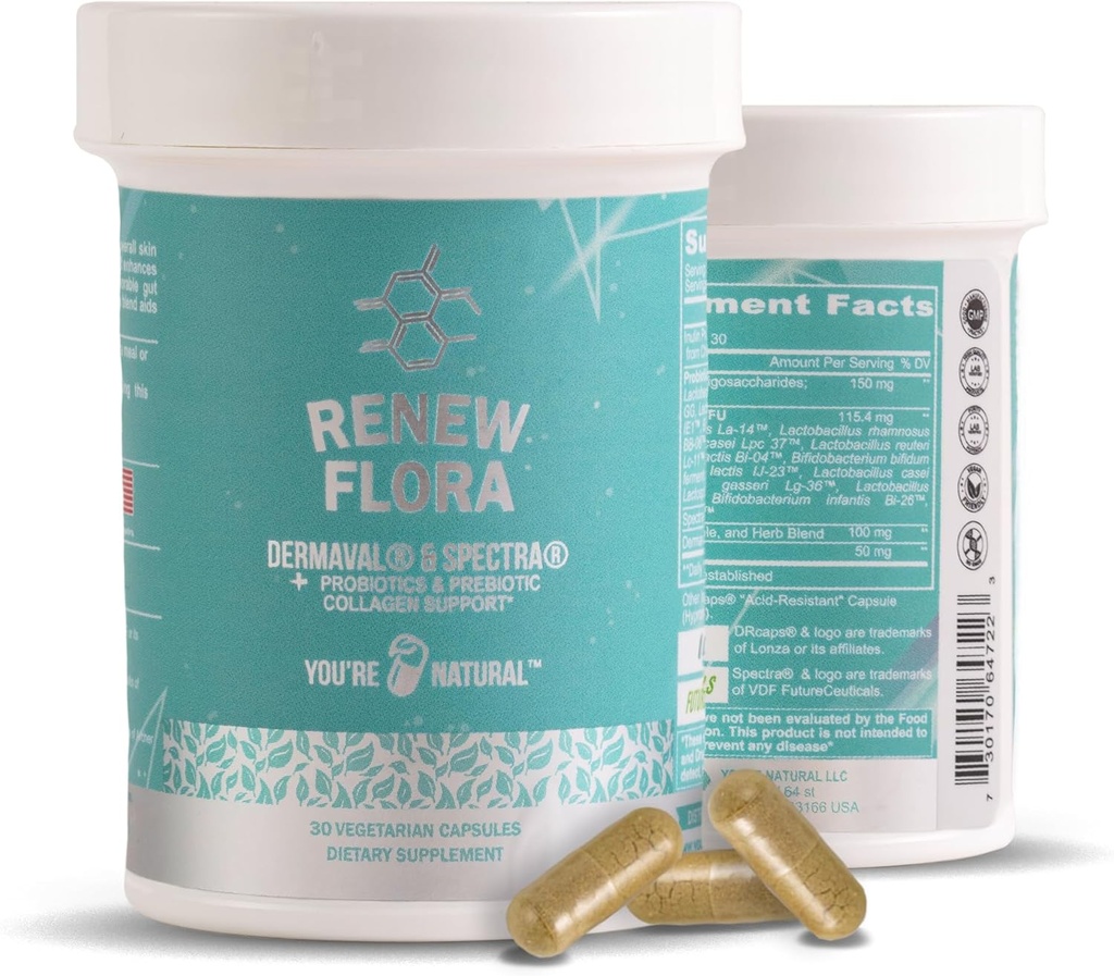 Renew Flora - Advanced Collagen & Skin Support - Antioxidant Plus Verdauungsenzyme und Gut-Unterstützung für Frauen & Männer mit klinischen Studien - Lactobacillus und 12 registrierte Probiotika - 30 Tage Versorgung