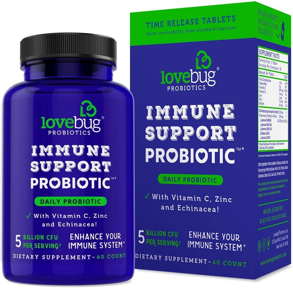 lovebug PROBIOTICS Immune Support Daily Probiotic for Men & Women, 40 Billion CFU & 6 Strains, Includes Vitamin C, Zinc & Echinacea, 30 Capsules, Vegan & Non-GMO