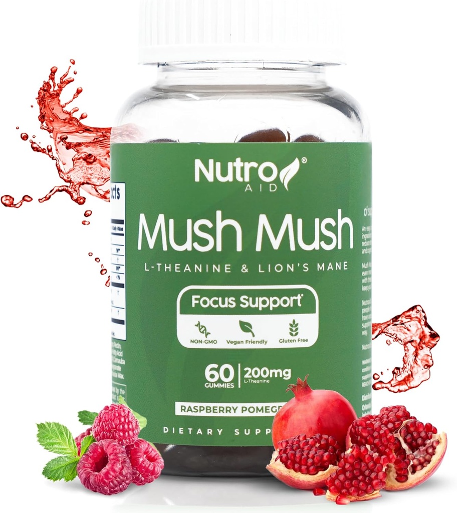 Lions Mane Supplement - Mushroom Gummies - Mush Mush Genius Mushrooms Magic Mind - Fördert den Fokus mit L-Theanine & Lions Mane - Raspberry & Pomegranate Flavor für Perk Energy - 60 Gummis
