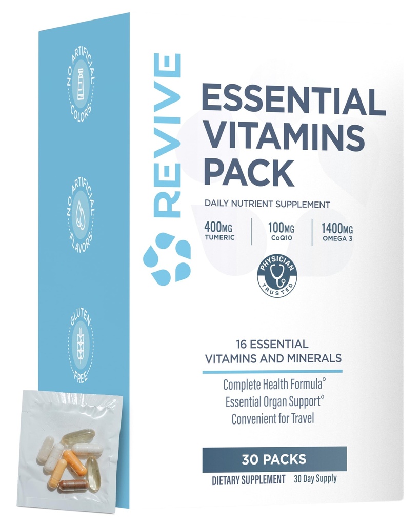 Revive MD Essential Vitamin Packs für Frauen und Männer, Vitamins Pack Tägliche Nährstoffergänzung - Reisen-Friendly Multivitamin Packets mit Arjuna & Turmeric Extract Unterstützung Herz, Gelenk, & Organ Gesundheit