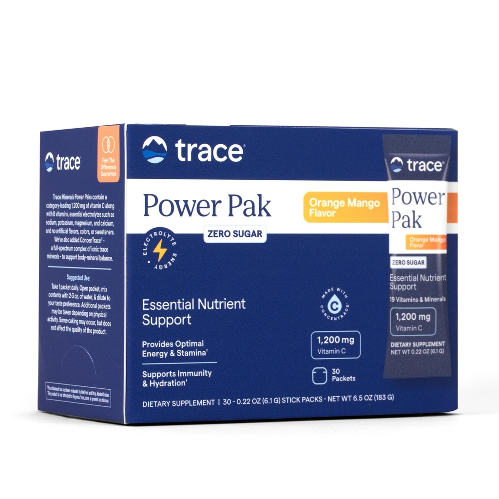 Spurenminerale Power Pak Multivitamin und Multimineralpakete - Elektrolytunterstützung - 1200 mg Vitamin C plus 70+ Spurenminerale - Zuckerfrei - Orange Mango Geschmack - 30 Pakete
