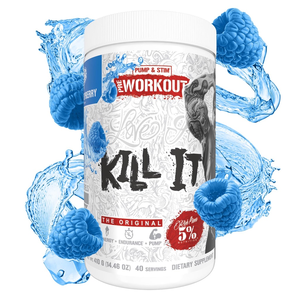 5% Ernährung Rich Piana Kill It Pre Workout Powder w/Creatine, Koffein, Beta Alanine, Hydroprime Glycerol für Pumpe, Stärke, Ausdauer | 20/40 Srvgs (40 Servierungen, Blaue Himbeere)