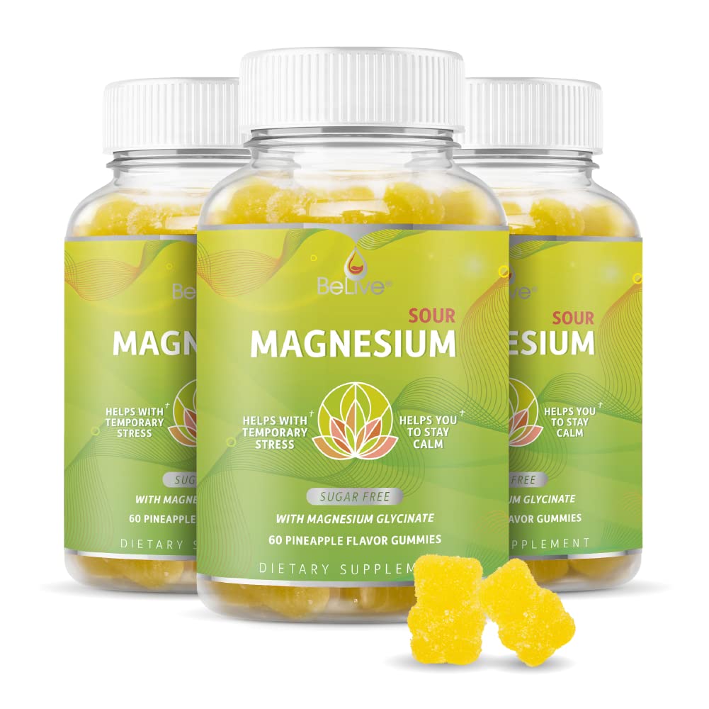 BeLive Magnesium Gummies 200mg - 60 Ct | Magnesium Glycinate Ergänzungen für Entspannung, Stress-Relief und Schlaf für Erwachsene & Kinder - Tasty und Tangy Ananas Flavor (3)