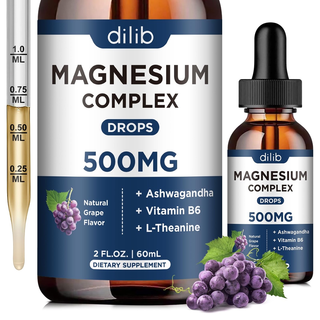 Magnesium Glycinat Flüssigkeitstropfen, Magnesium Glycinat Ergänzung 500mg mit Citrat, Malat, Ashwagandha, L-Theanin, Vitamin B6 für Schlaf, Stress Relief, Knochen, Muskel, Mood, Grape Flavor 2 Fl Oz