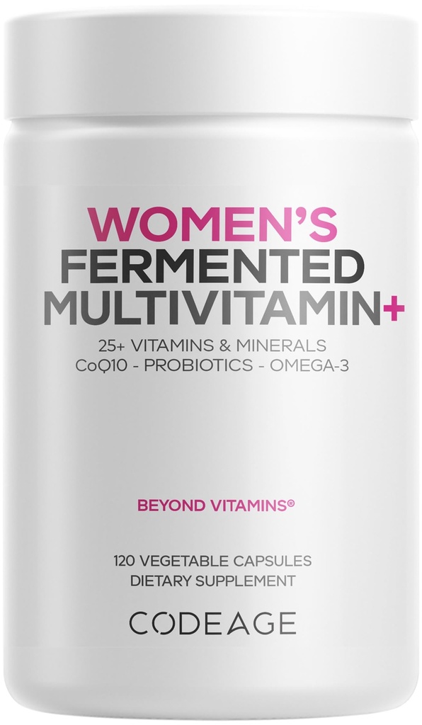 Codeage Women’s Daily Multivitamin, 25+ Vitamine & Minerals, Fermented, Organic Whole Foods, Probiotics Supplement - Vitamin A, B, C, D, E & K, Omega 3, Zink – Vegan - 120 Kapseln